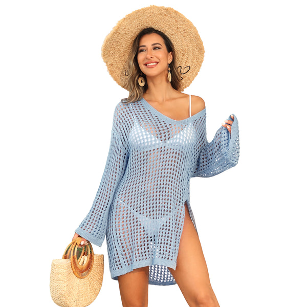 Women Mesh Knit V Neck Long Sleeve Beach Cover Up Dress Side Slit Swim Coverup Tunic