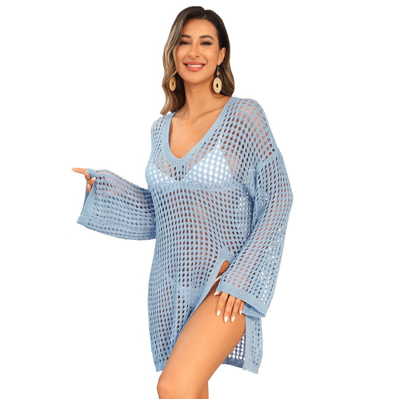 Women Mesh Knit V Neck Long Sleeve Beach Cover Up Dress Side Slit Swim Coverup Tunic