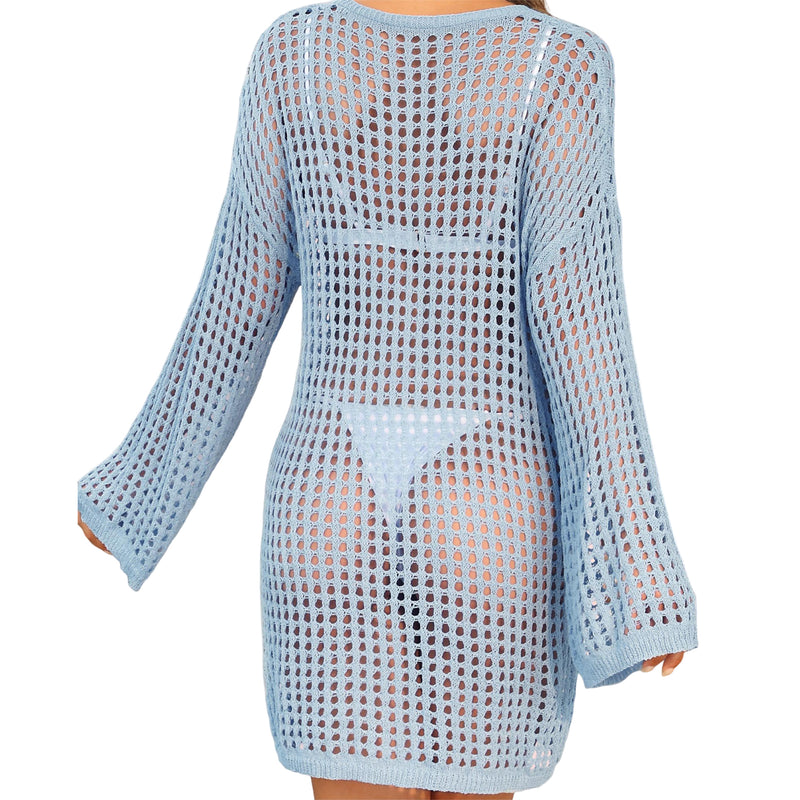 Women Mesh Knit V Neck Long Sleeve Beach Cover Up Dress Side Slit Swim Coverup Tunic