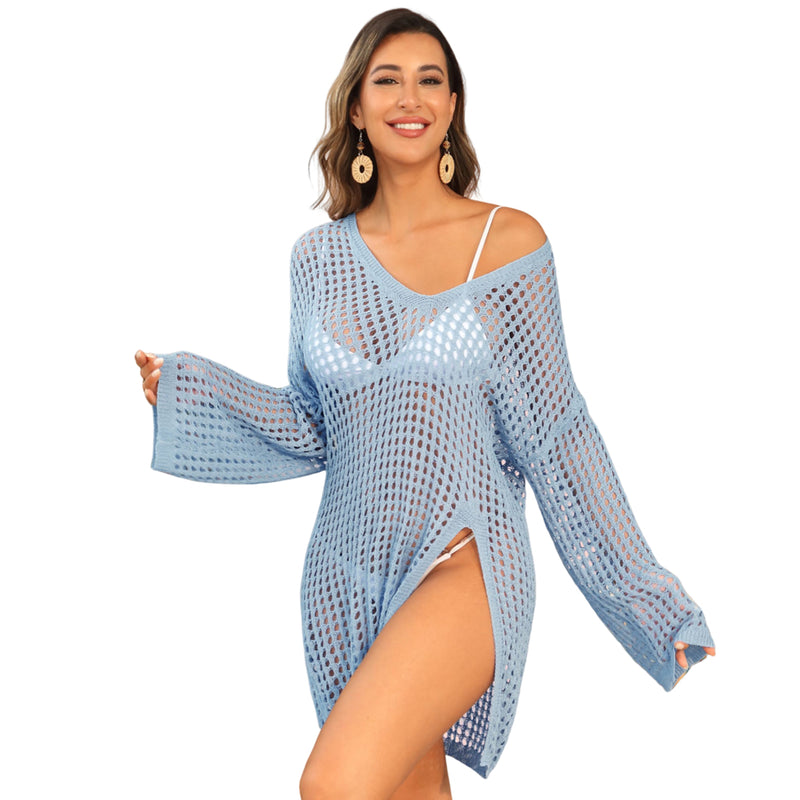 Women Mesh Knit V Neck Long Sleeve Beach Cover Up Dress Side Slit Swim Coverup Tunic