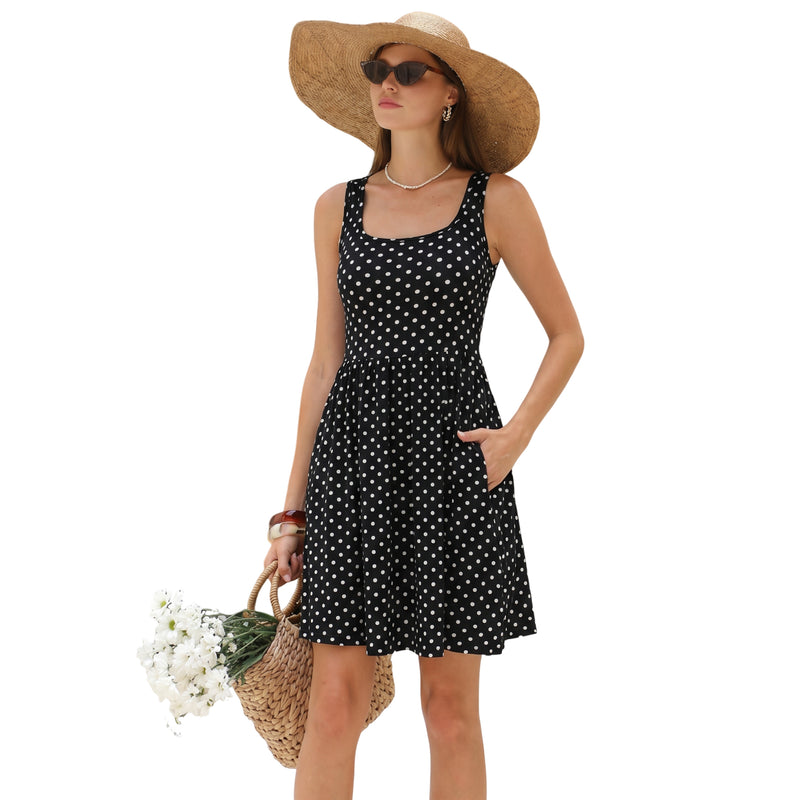 Women's Square Neck Tank Dress with Removable Pads Pockets Sleeveless A‑Line Mini Dress