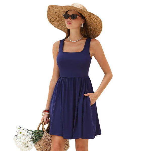 Women's Square Neck Tank Dress with Removable Pads Pockets Sleeveless A‑Line Mini Dress