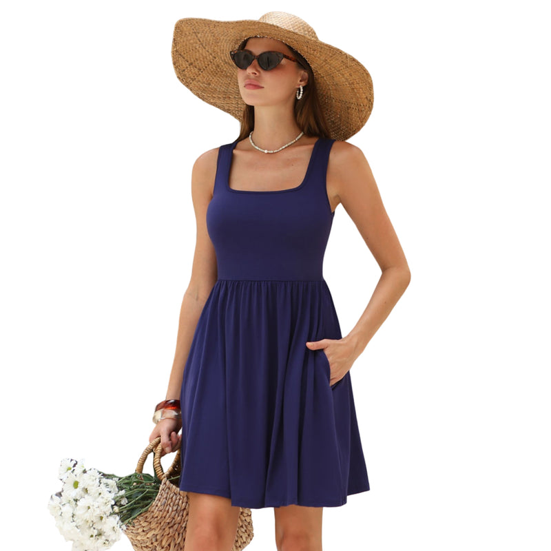 Women's Square Neck Tank Dress with Removable Pads Pockets Sleeveless A‑Line Mini Dress
