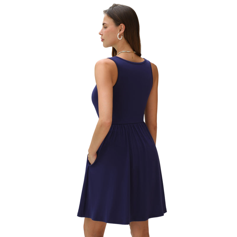 Women's Square Neck Tank Dress with Removable Pads Pockets Sleeveless A‑Line Mini Dress