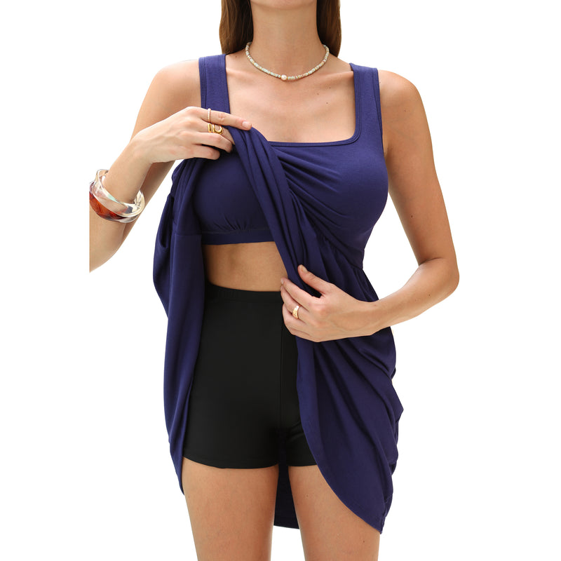 Women's Square Neck Tank Dress with Removable Pads Pockets Sleeveless A‑Line Mini Dress