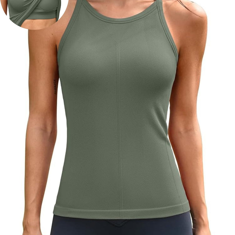 ANFERRY Women's Fitting Seamless Tank Tops Ribbed Crew Neck Racerback Workout Camisoles with Built in Bra
