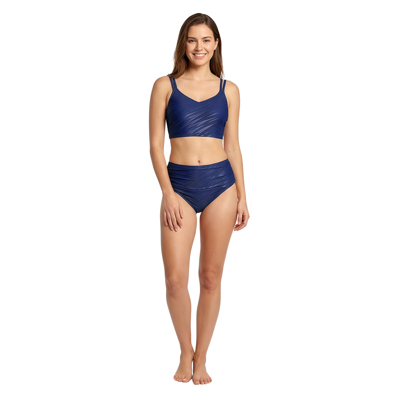Women's Embossed Double Strap High Waisted Bikini Set with Adjustable Straps