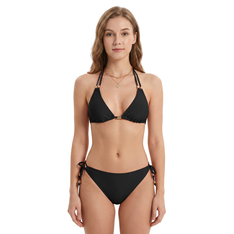 Women Gold Accent Halter Triangle Bikini Set