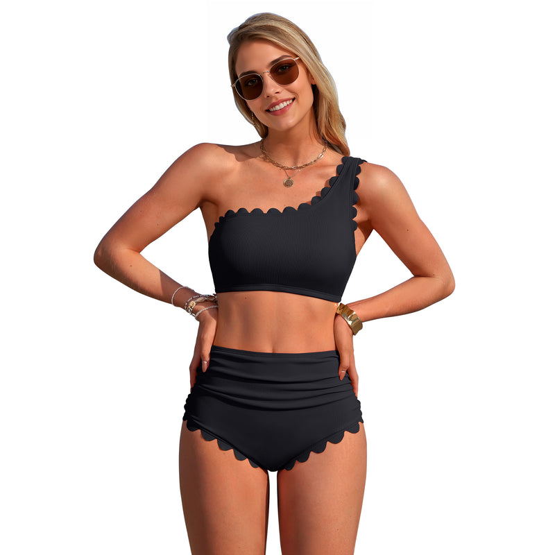Women's One Shoulder Scallop Edge High Waisted Bikini Set with Removable Straps