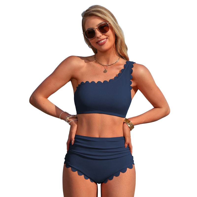 Women's One Shoulder Scallop Edge High Waisted Bikini Set with Removable Straps