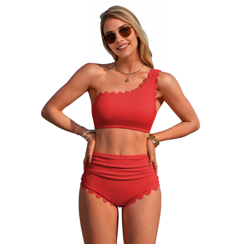 Women's One Shoulder Scallop Edge High Waisted Bikini Set with Removable Straps