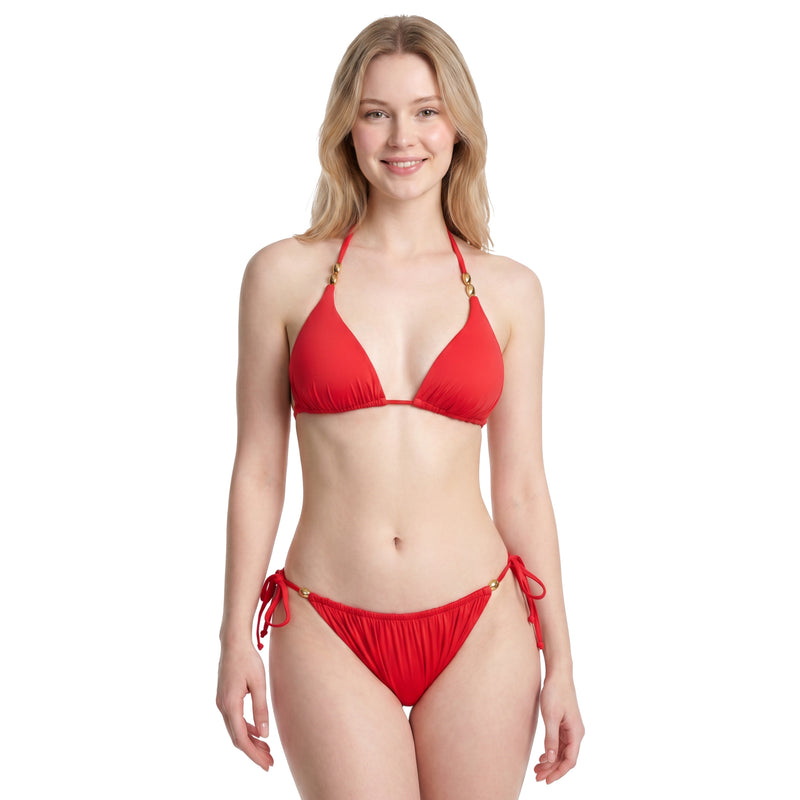 Women's Solid Triangle Halter Bikini Set with Adjustable Tie Side Bottoms