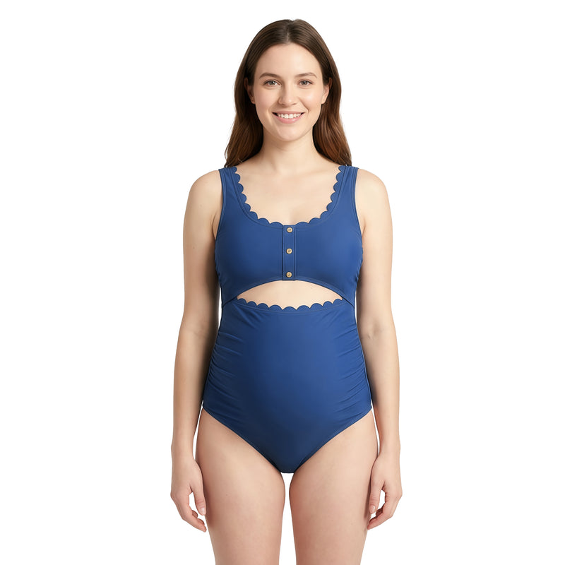 Women's Maternity Scallop Edge Cutout One Piece Swimsuit with Adjustable Straps