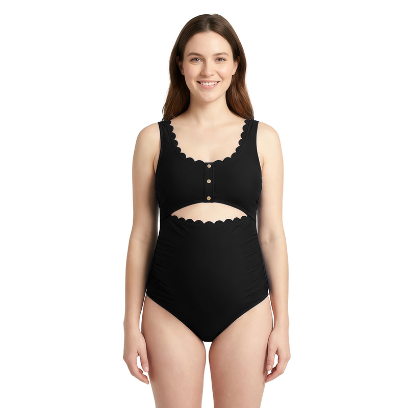 Women's Maternity Scallop Edge Cutout One Piece Swimsuit with Adjustable Straps