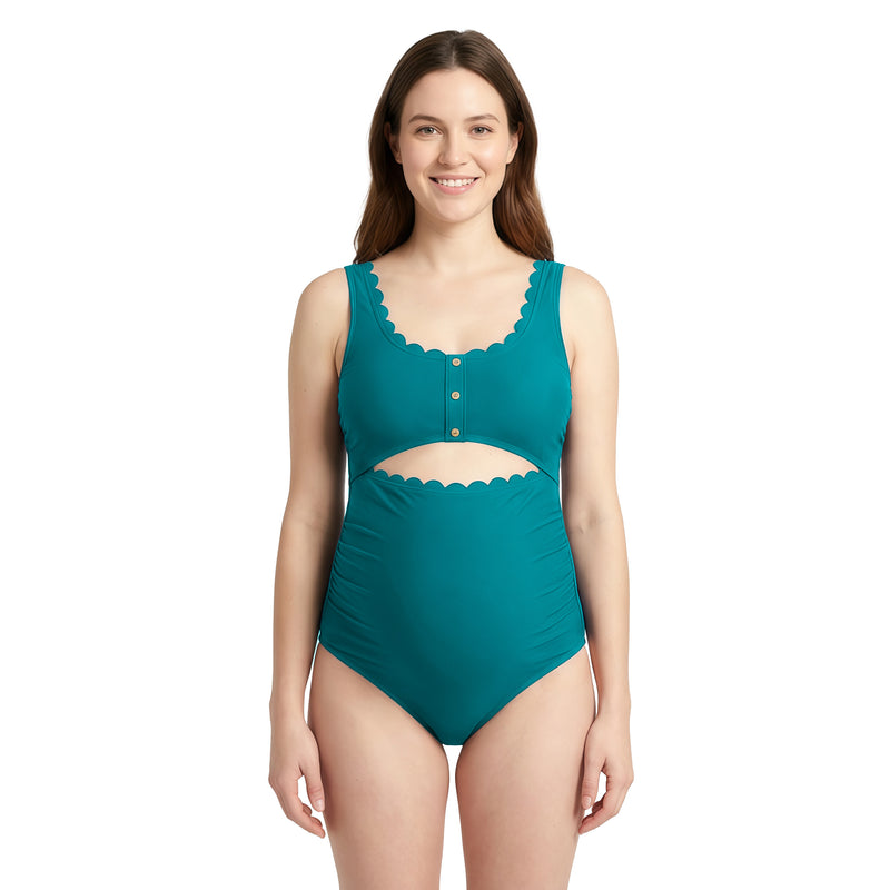 Women's Maternity Scallop Edge Cutout One Piece Swimsuit with Adjustable Straps