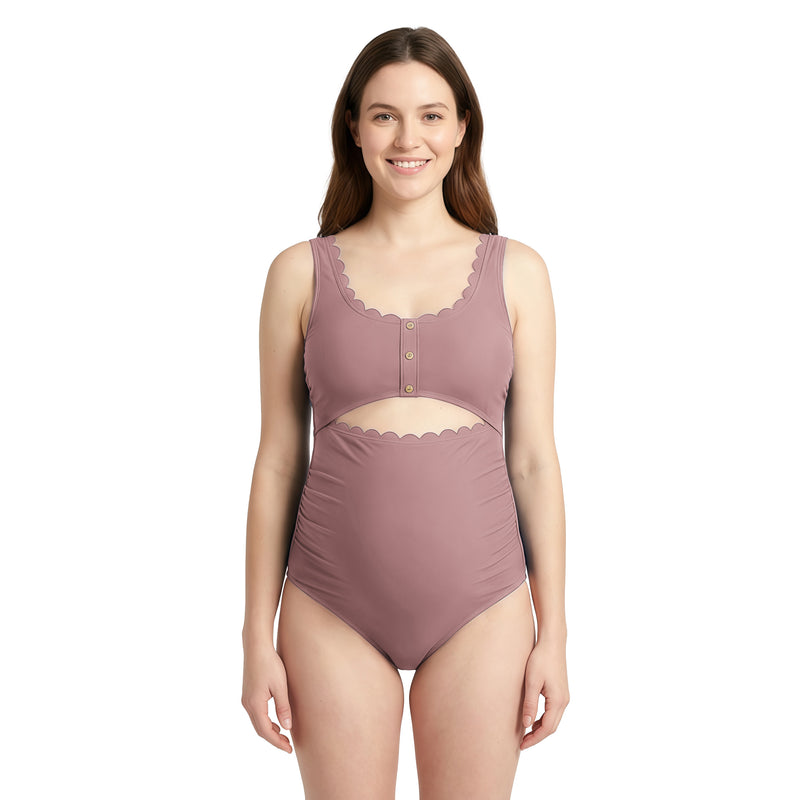Women's Maternity Scallop Edge Cutout One Piece Swimsuit with Adjustable Straps