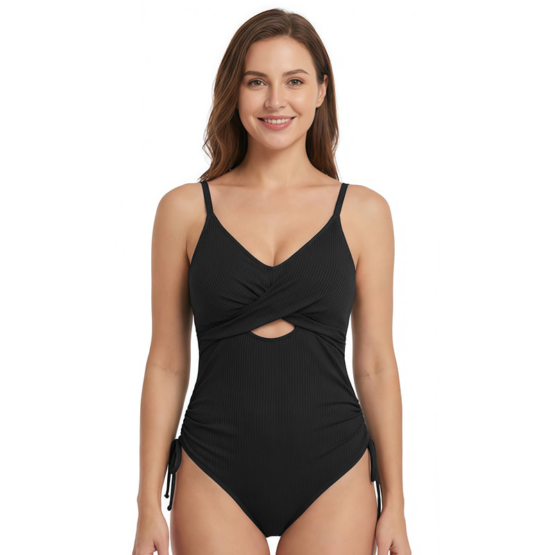 Women's Ribbed Twist Front Cutout One Piece Swimsuit with Side Ties