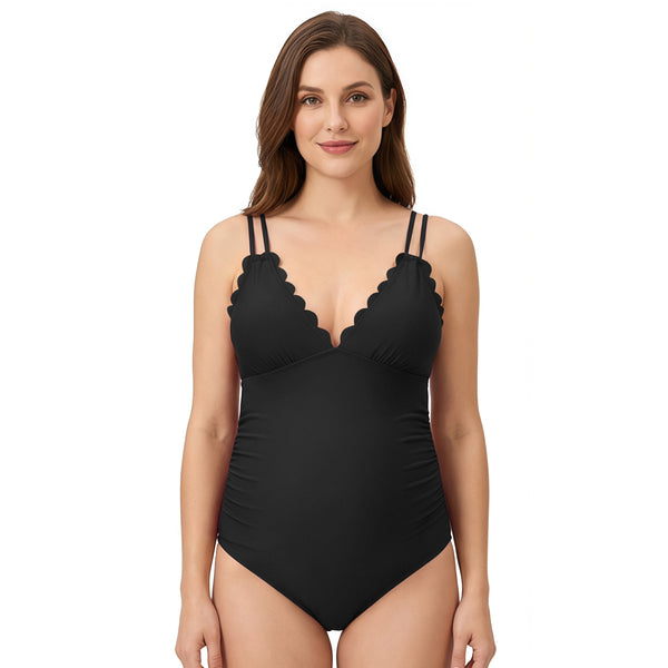 Women's Maternity Scallop Edge One Piece Swimsuit with Back Tie & Ruched Bump Support