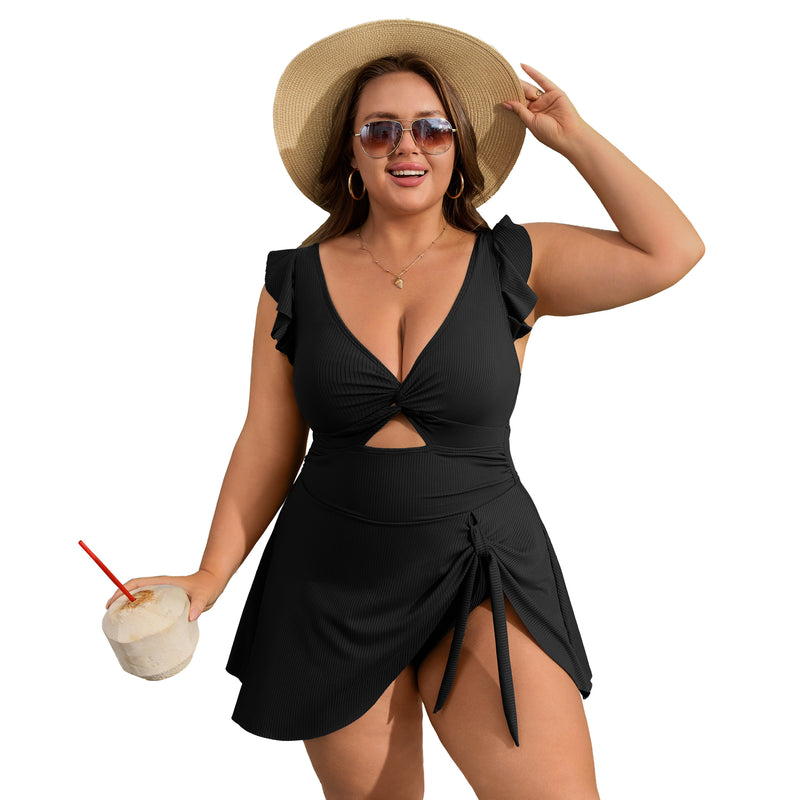 Women Plus Size One Piece Swimsuit Ruffle Sleeve Twist Cutout Swim Dress
