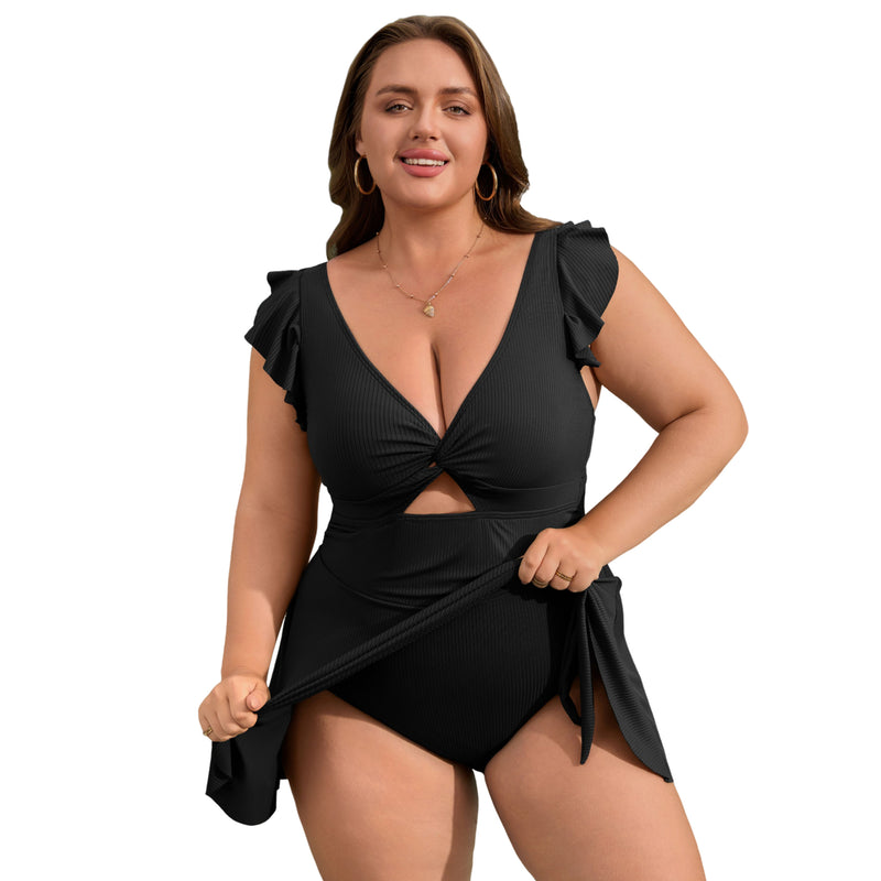 Women Plus Size One Piece Swimsuit Ruffle Sleeve Twist Cutout Swim Dress