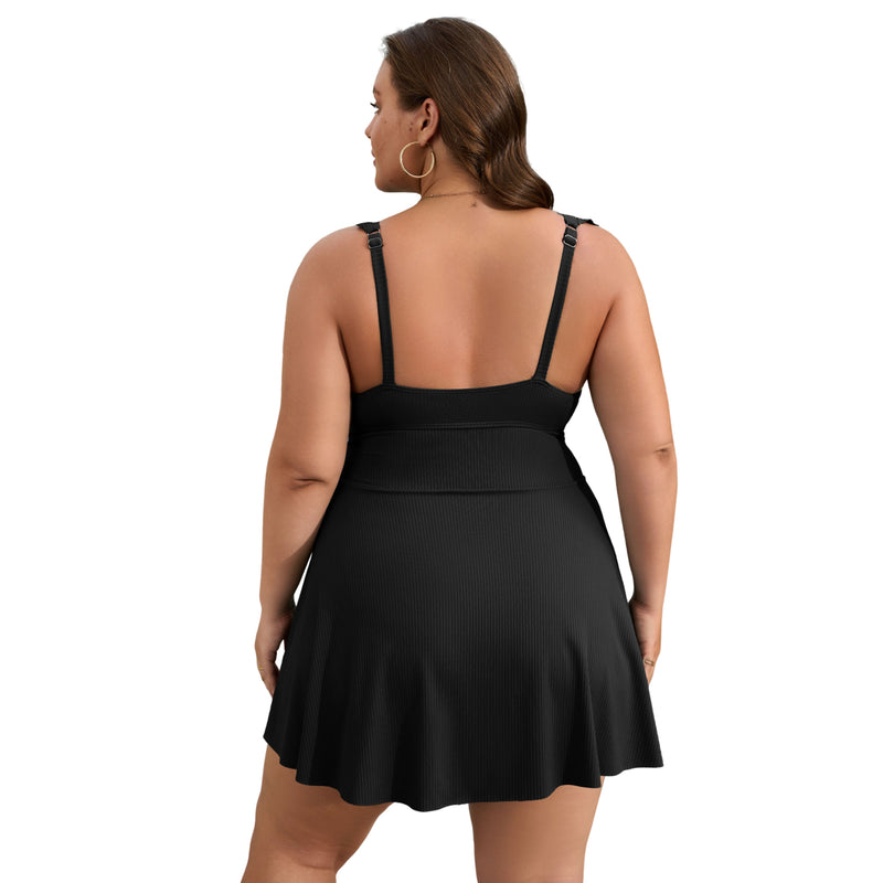 Women Plus Size One Piece Swimsuit Ruffle Sleeve Twist Cutout Swim Dress