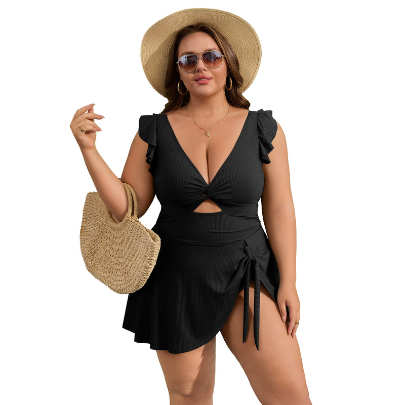 Women Plus Size One Piece Swimsuit Ruffle Sleeve Twist Cutout Swim Dress