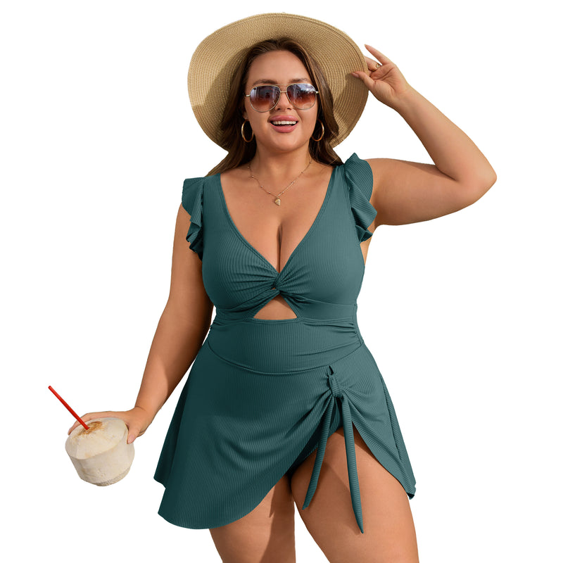 Women Plus Size One Piece Swimsuit Ruffle Sleeve Twist Cutout Swim Dress