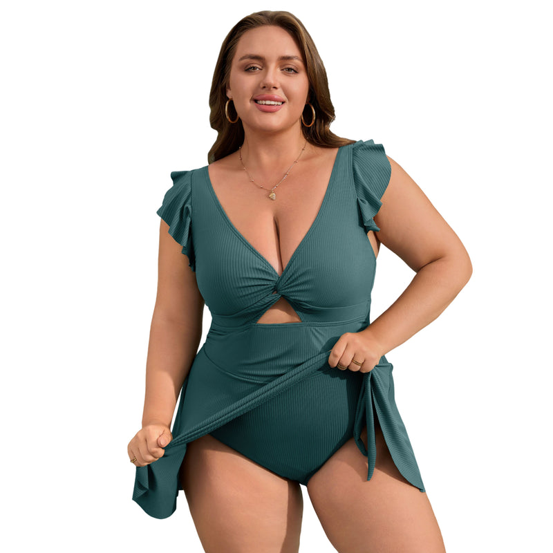 Women Plus Size One Piece Swimsuit Ruffle Sleeve Twist Cutout Swim Dress