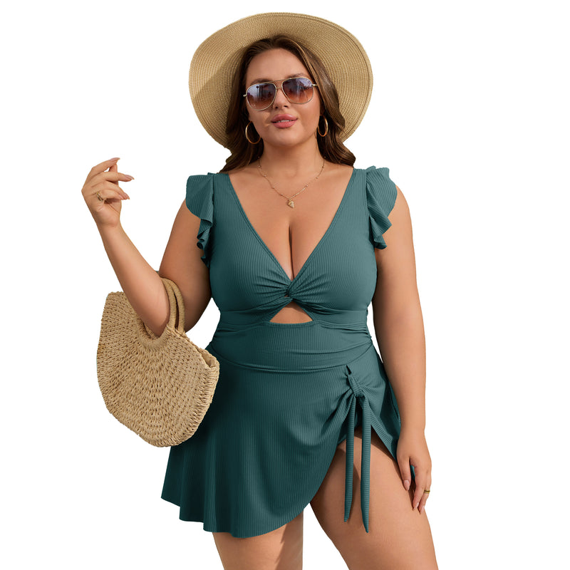 Women Plus Size One Piece Swimsuit Ruffle Sleeve Twist Cutout Swim Dress