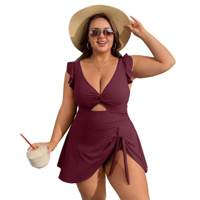 Women Plus Size One Piece Swimsuit Ruffle Sleeve Twist Cutout Swim Dress