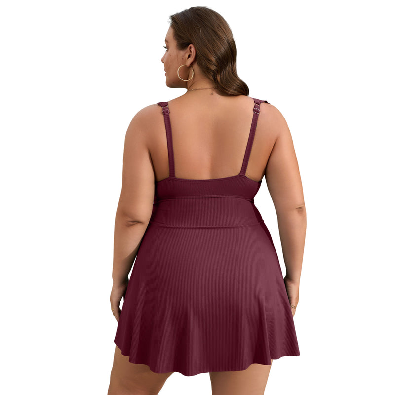 Women Plus Size One Piece Swimsuit Ruffle Sleeve Twist Cutout Swim Dress