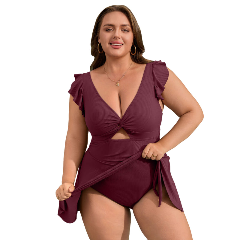 Women Plus Size One Piece Swimsuit Ruffle Sleeve Twist Cutout Swim Dress