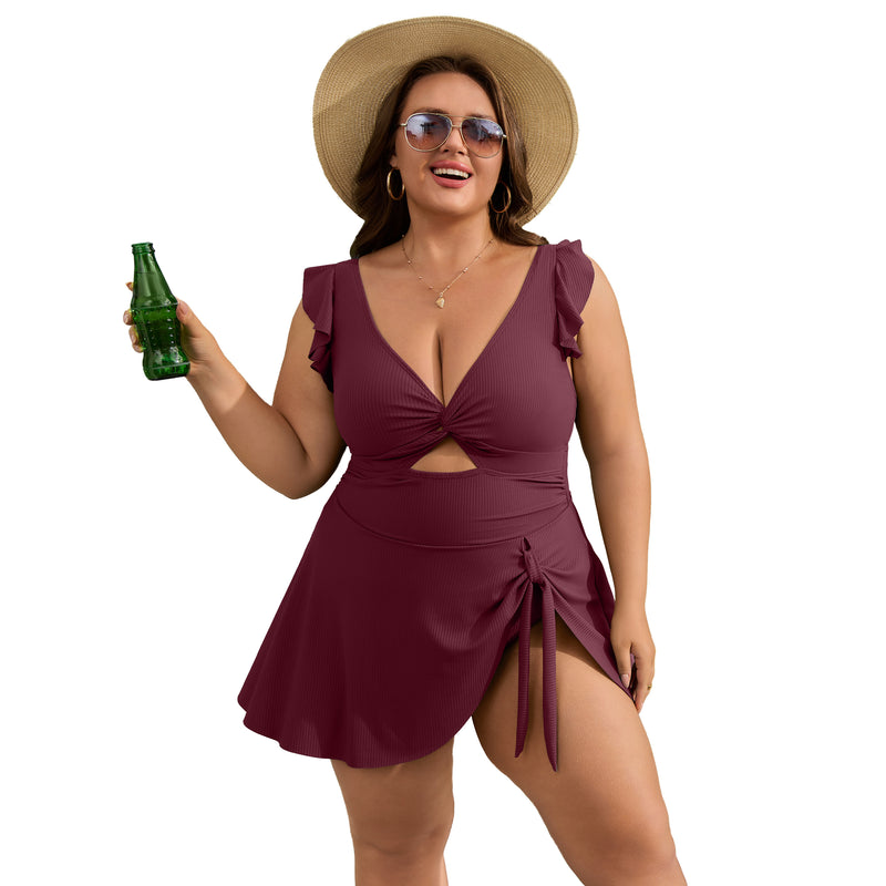 Women Plus Size One Piece Swimsuit Ruffle Sleeve Twist Cutout Swim Dress
