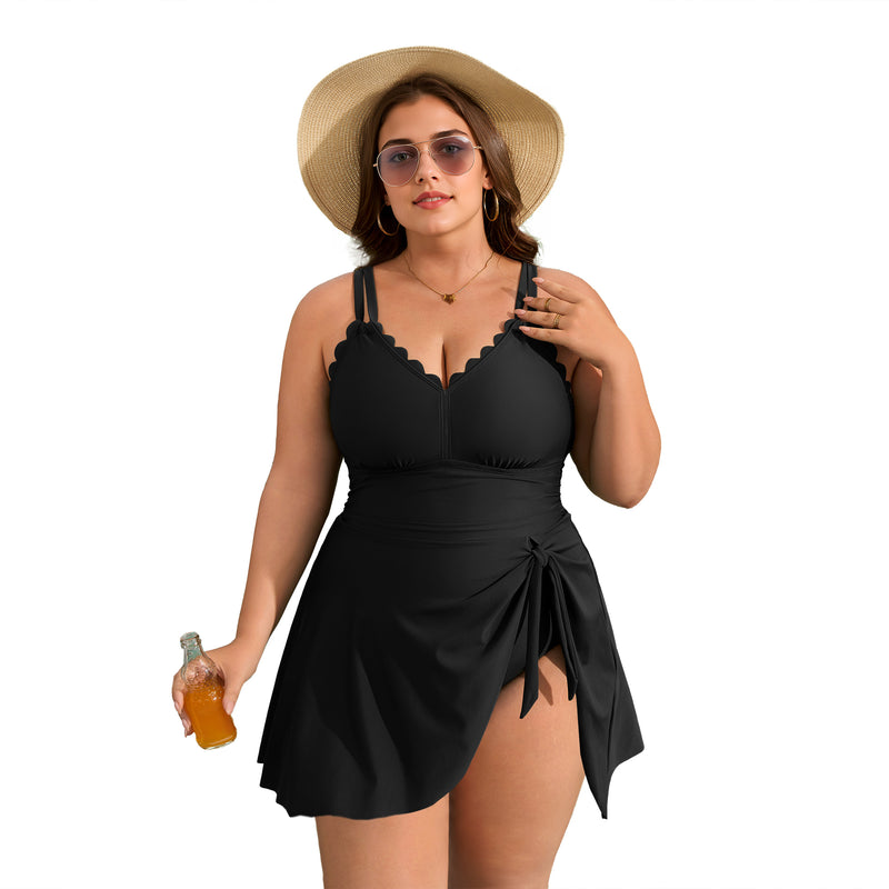 Women's Plus Size Scallop Edge Wrap Tie One Piece Swim Dress with Adjustable Straps