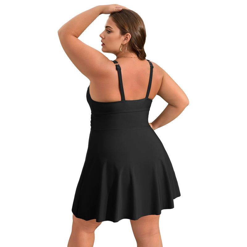 Women's Plus Size Scallop Edge Wrap Tie One Piece Swim Dress with Adjustable Straps