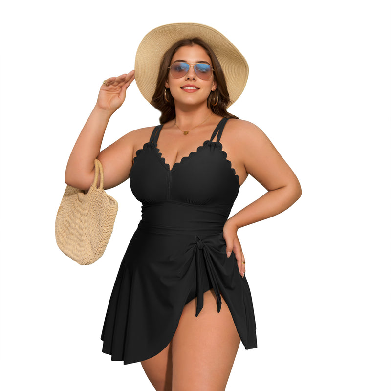 Women's Plus Size Scallop Edge Wrap Tie One Piece Swim Dress with Adjustable Straps
