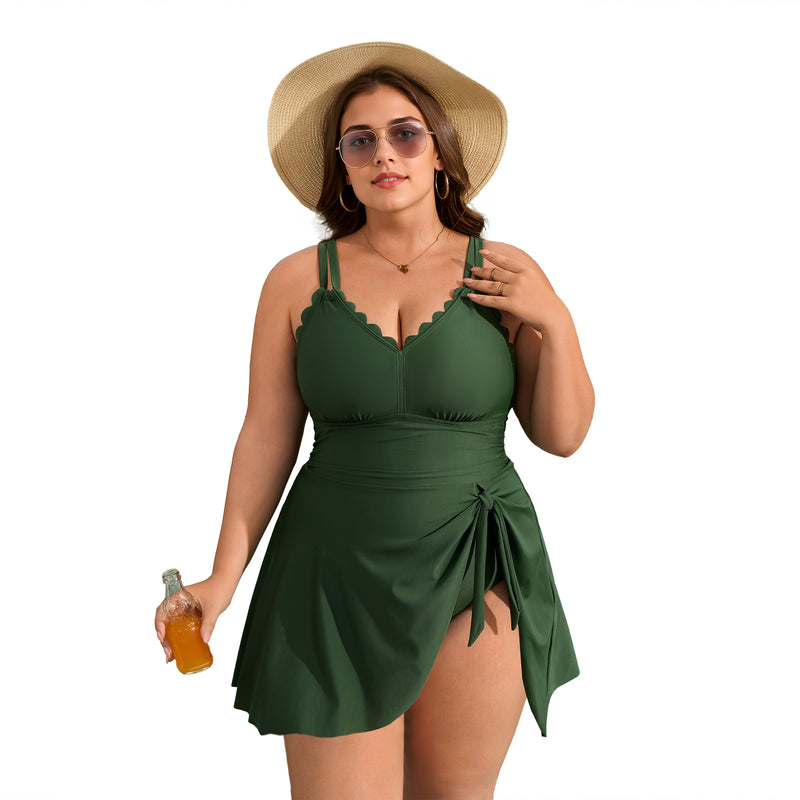 Women's Plus Size Scallop Edge Wrap Tie One Piece Swim Dress with Adjustable Straps