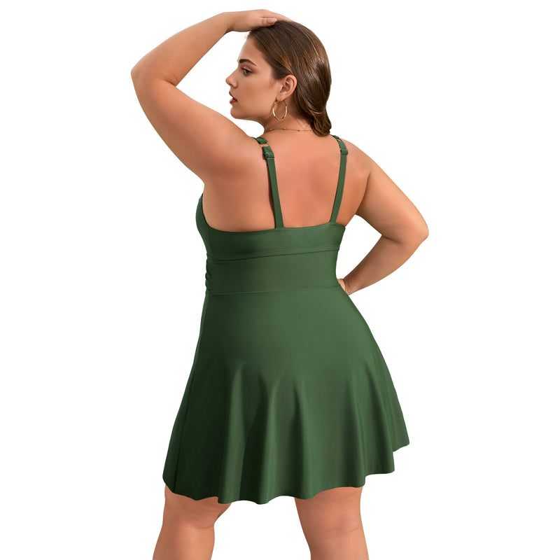 Women's Plus Size Scallop Edge Wrap Tie One Piece Swim Dress with Adjustable Straps
