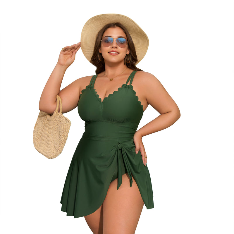 Women's Plus Size Scallop Edge Wrap Tie One Piece Swim Dress with Adjustable Straps