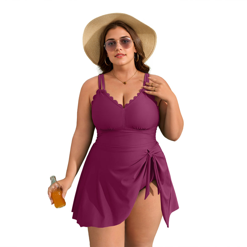 Women's Plus Size Scallop Edge Wrap Tie One Piece Swim Dress with Adjustable Straps