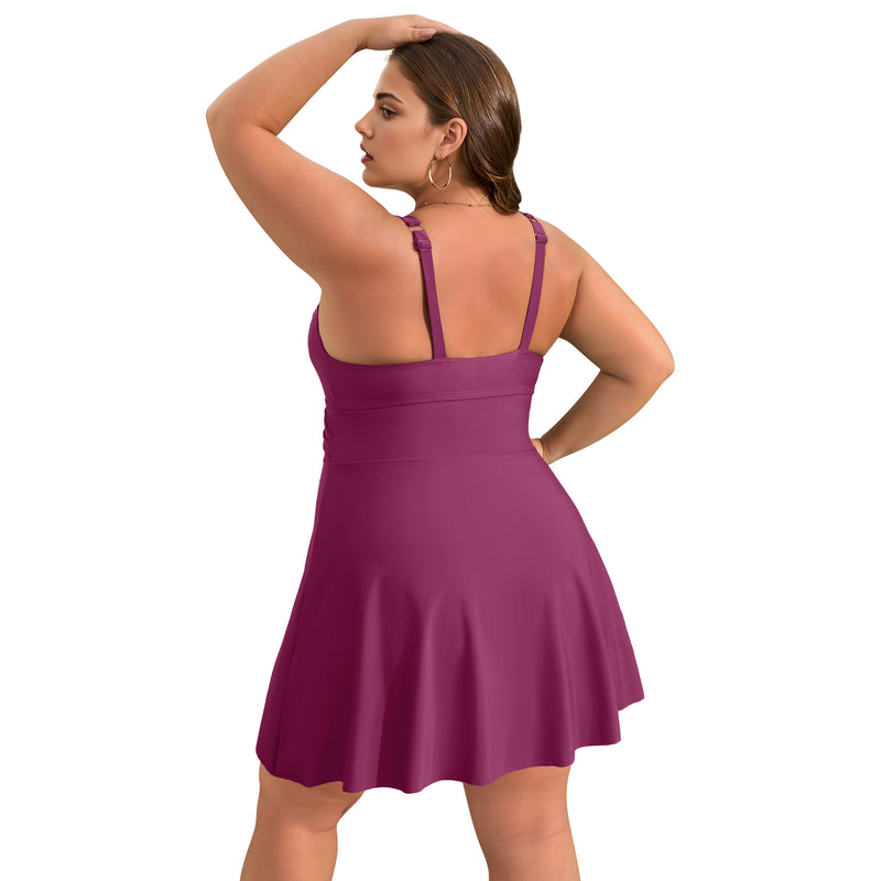 Women's Plus Size Scallop Edge Wrap Tie One Piece Swim Dress with Adjustable Straps