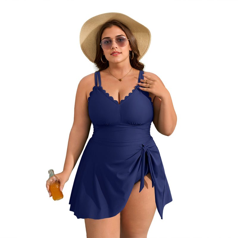 Women's Plus Size Scallop Edge Wrap Tie One Piece Swim Dress with Adjustable Straps