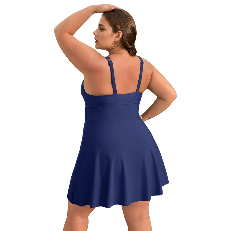 Women's Plus Size Scallop Edge Wrap Tie One Piece Swim Dress with Adjustable Straps