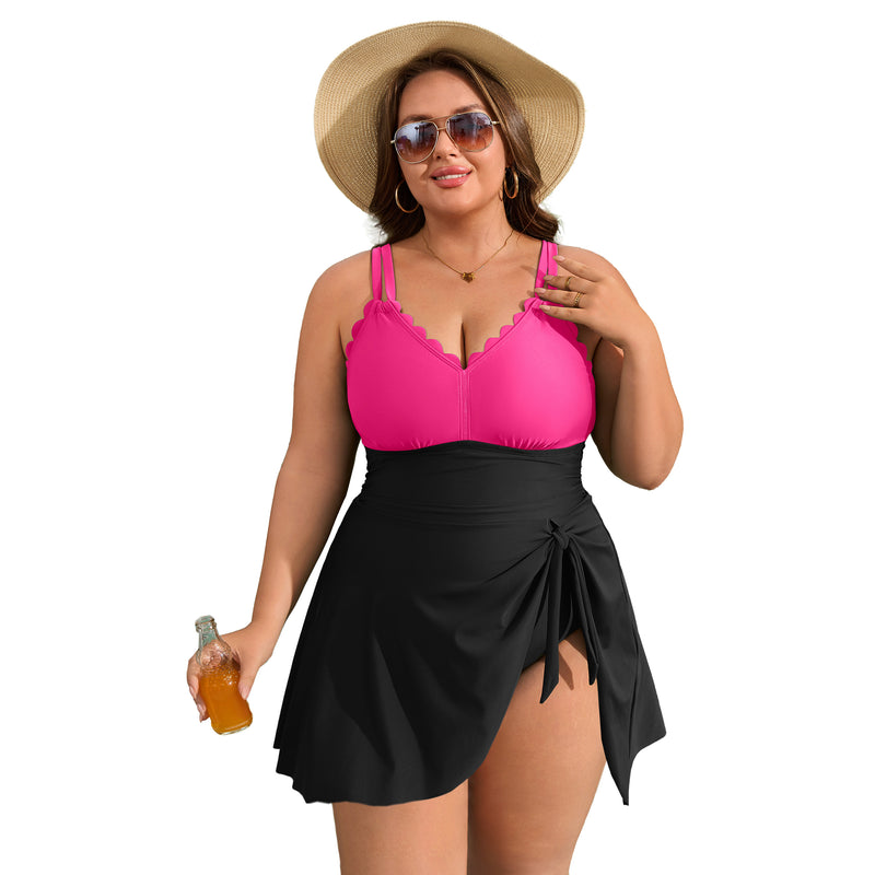 Women's Plus Size Scallop Edge Wrap Tie One Piece Swim Dress with Adjustable Straps
