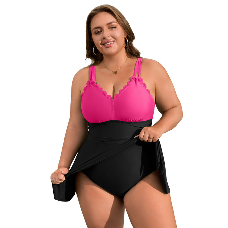 Women's Plus Size Scallop Edge Wrap Tie One Piece Swim Dress with Adjustable Straps