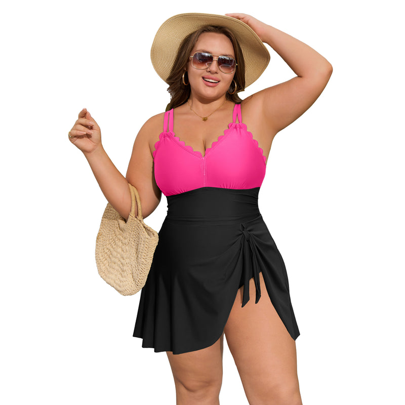 Women's Plus Size Scallop Edge Wrap Tie One Piece Swim Dress with Adjustable Straps