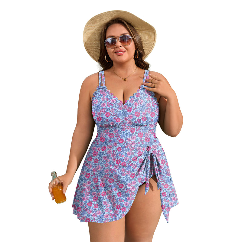 Women's Plus Size Scallop Edge Wrap Tie One Piece Swim Dress with Adjustable Straps