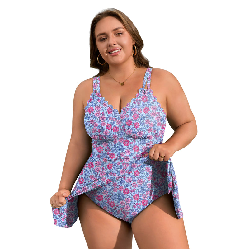 Women's Plus Size Scallop Edge Wrap Tie One Piece Swim Dress with Adjustable Straps