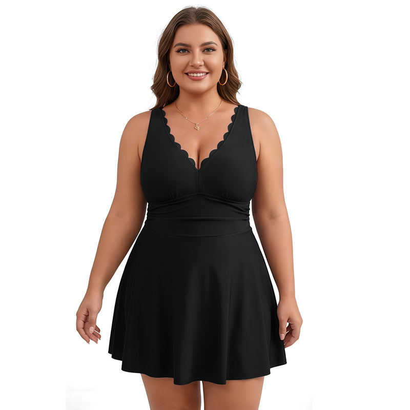 Women's Plus Size Scallop Edge V Neck Ruched Waist Swim Dress with Built-in Briefs