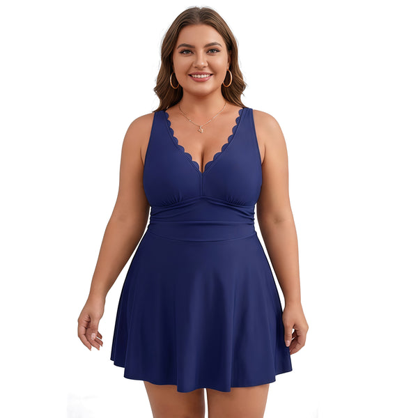 Women's Plus Size Scallop Edge V Neck Ruched Waist Swim Dress with Built-in Briefs
